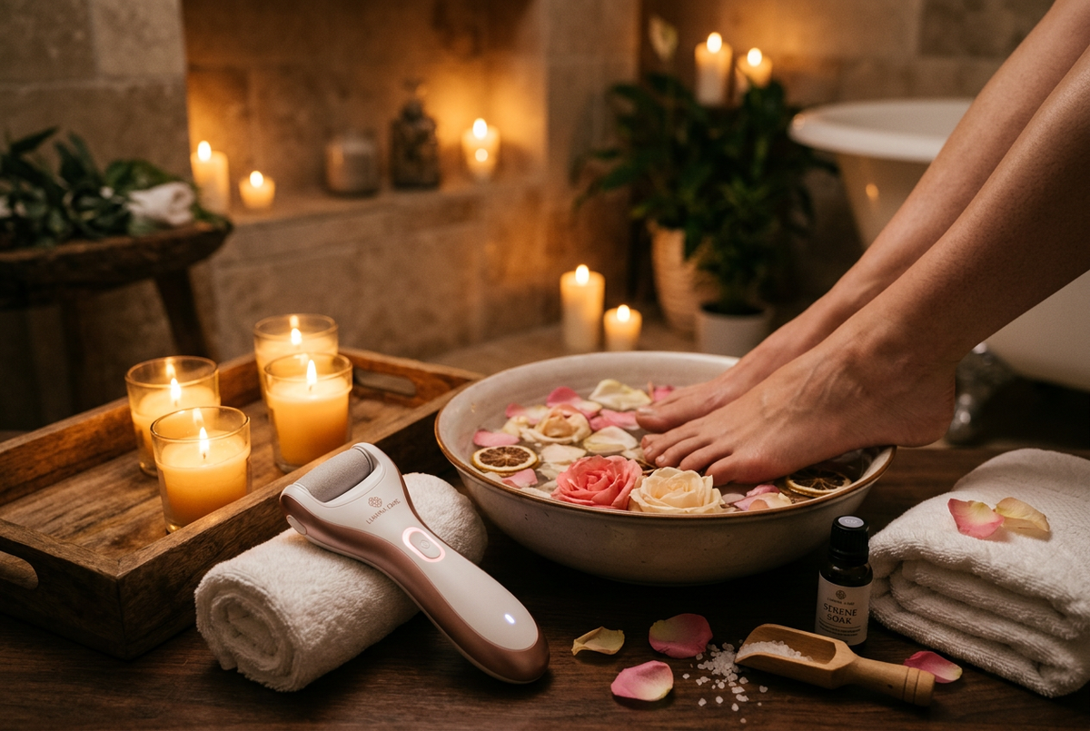 Vacuum callus remover in a luxurious home spa setting with candles, soft towels and rose petals