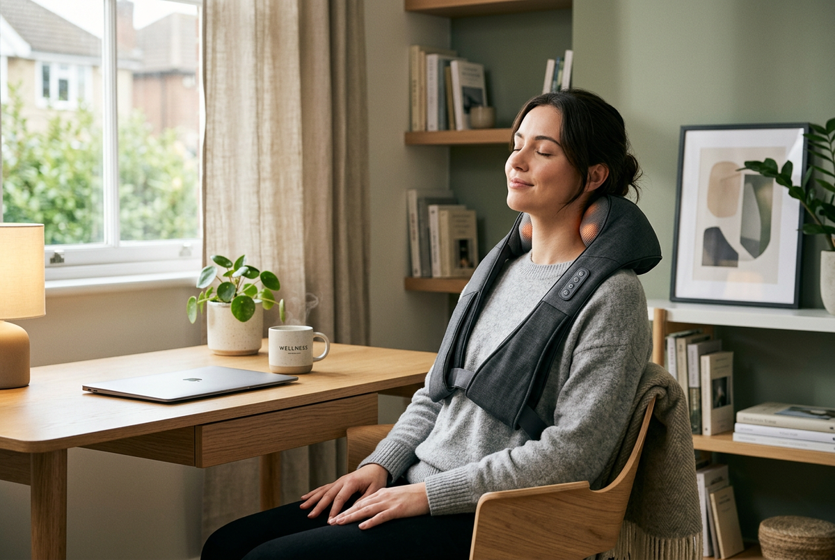 Person sitting at a home desk relaxing with a neck and shoulder massager, soft natural light