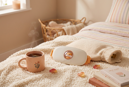 Menstrual relief massager beside a mug of tea and hot water bottle on a cosy blanket